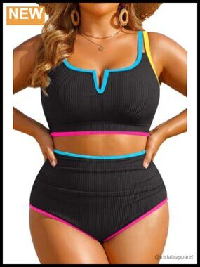 Plus Size High Waisted Bikini Ribbed Two Piece Tummy Control Swimsuit